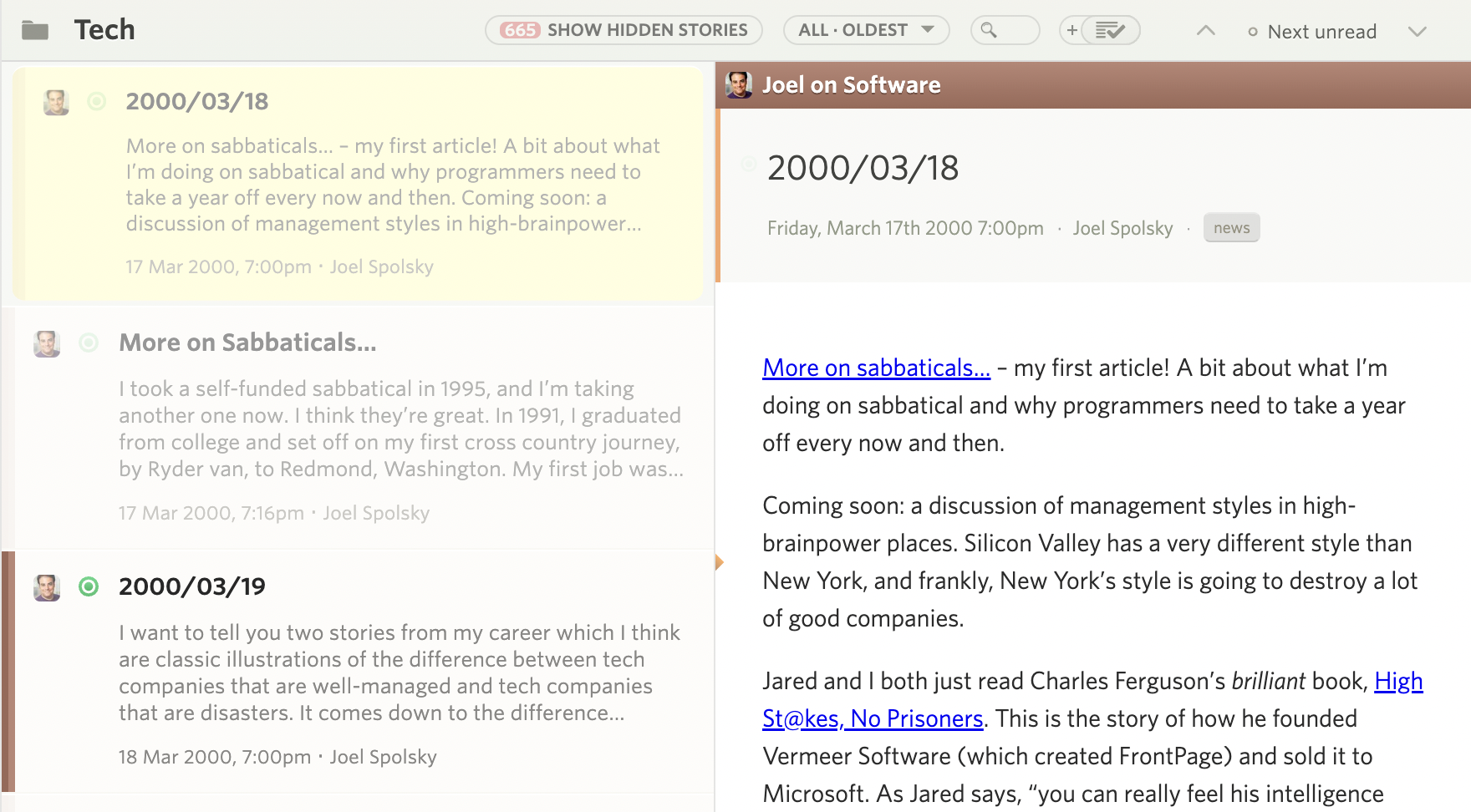 Premium Archive showing unread stories going back months