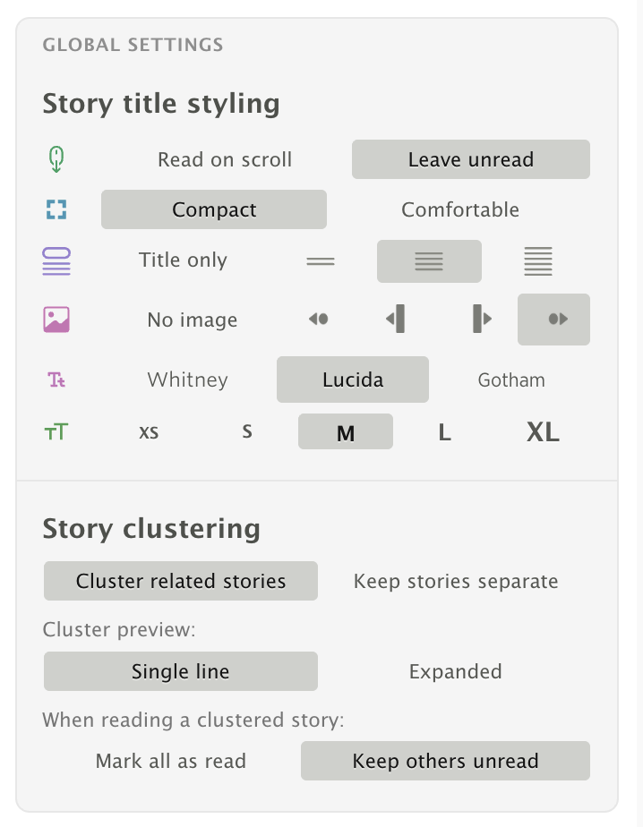 Feed options popover showing clustering controls