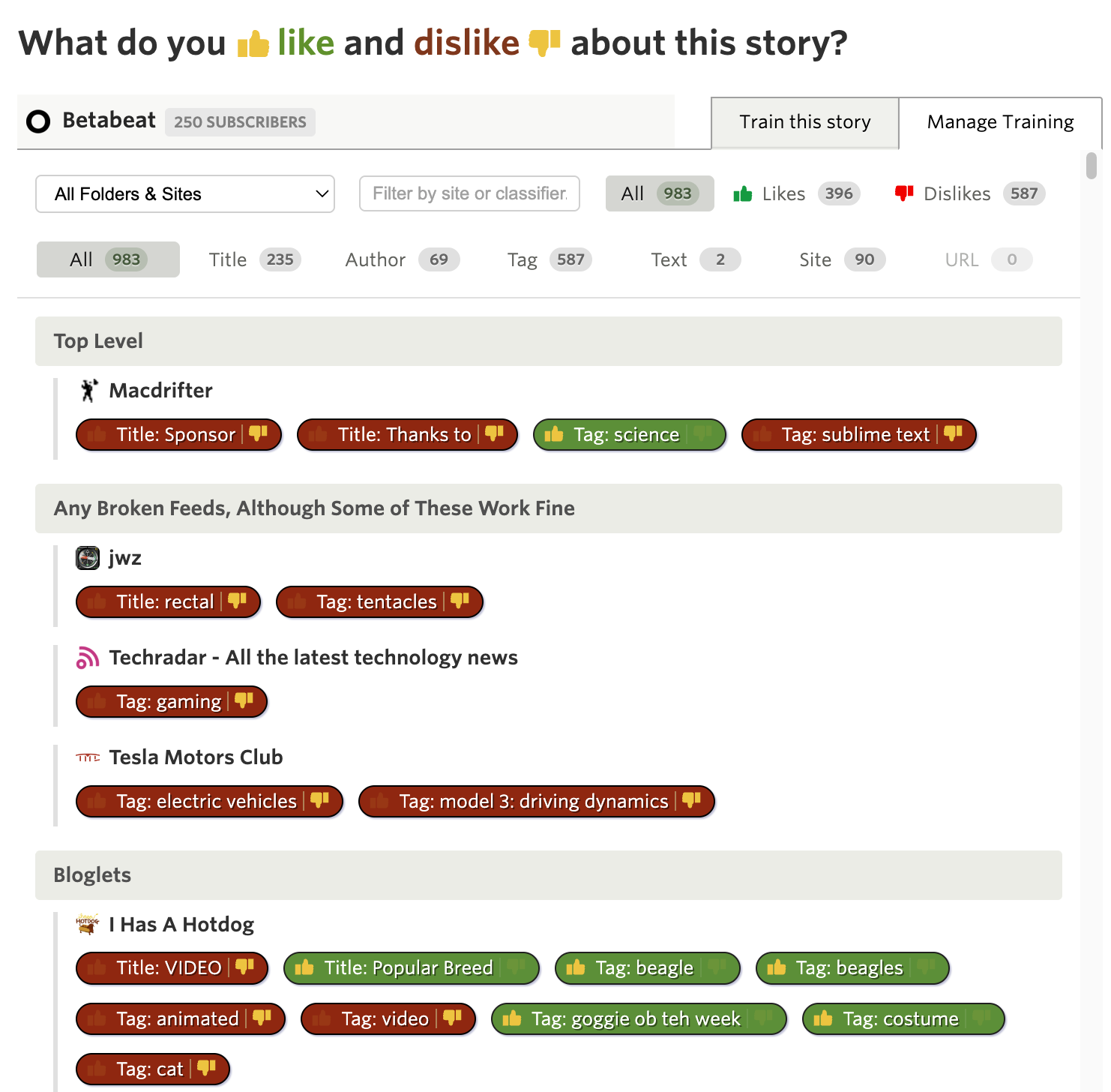 Intelligence training dialog showing thumbs up and thumbs down on authors, tags, and titles